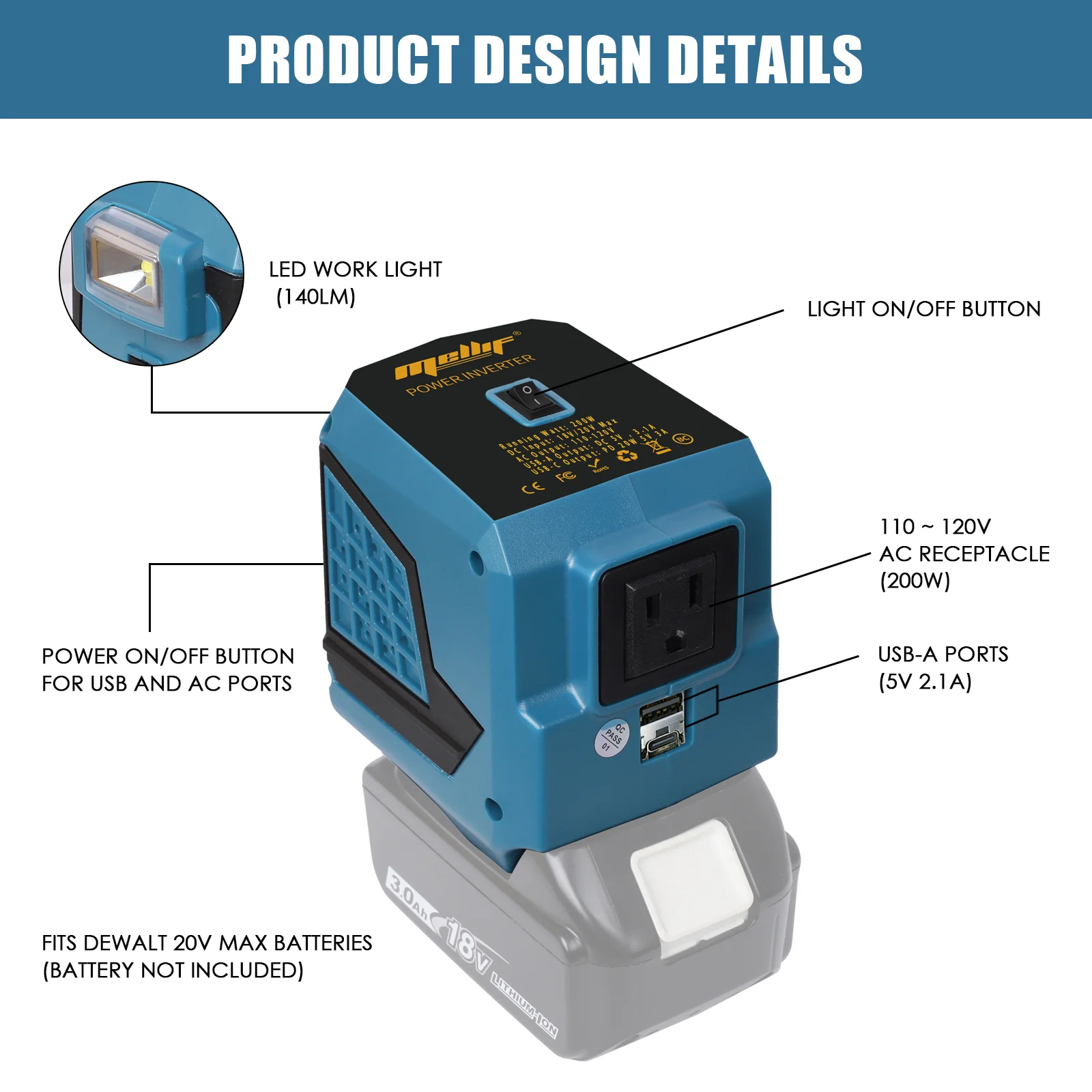 Преобразователь питания для Dewalt/Makita, 18 В постоянного тока в 220 В переменного тока, 18 в аккумулятор 200 Вт, генератор электростанции с выходом USB и type-C, штепсельная вилка европейского стандарта