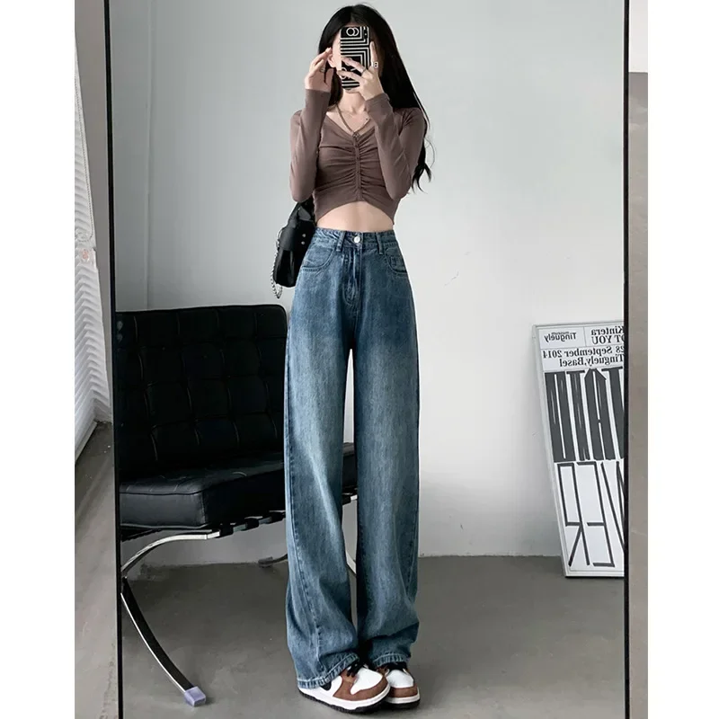 2025 New Vintage White Slim Fit Straight Jeans Y2K Women's Spring Autumn High Waist Slim Small Stature Drapey Floor-Length Pants