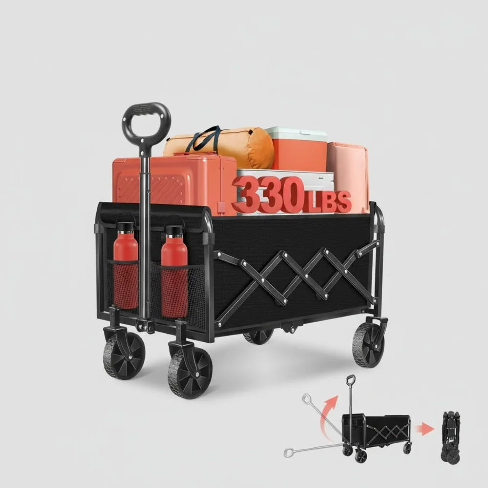 

Foldable Wagon Cart Heavy Duty 330LBS Capacity Portable All Terrain Wheels for Beach Camping Sports Garden