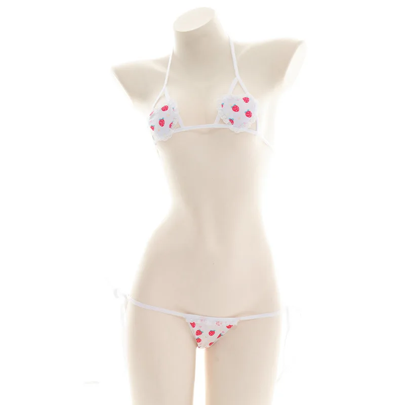 

Women Sexy Lingerie Kawaii White Strawberry Heart Shaped Bikini Print Mini Backless Swimsuit Three Point Swimwear