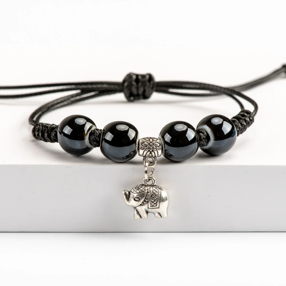 Ceramic Beads Hand-made Bracelets for women Elephant Pendant Ajustable Black bead bracelet #HY518