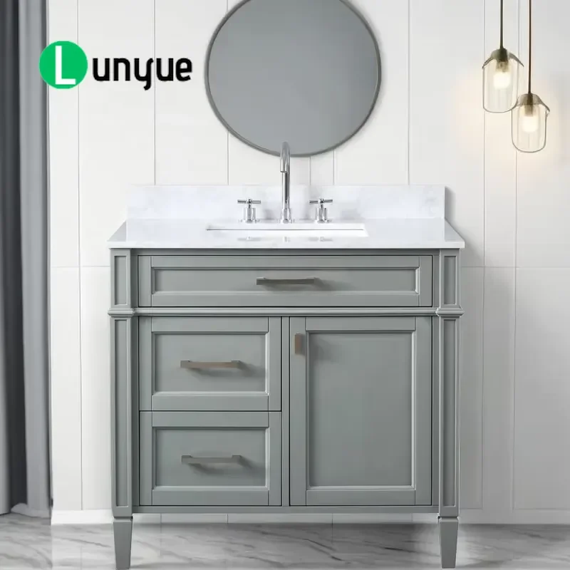 Modern White Marble Single Sink Bathroom Vanity Cabinet Grey Floor Standing Storage Locker for Contemporary Bathroom Decor