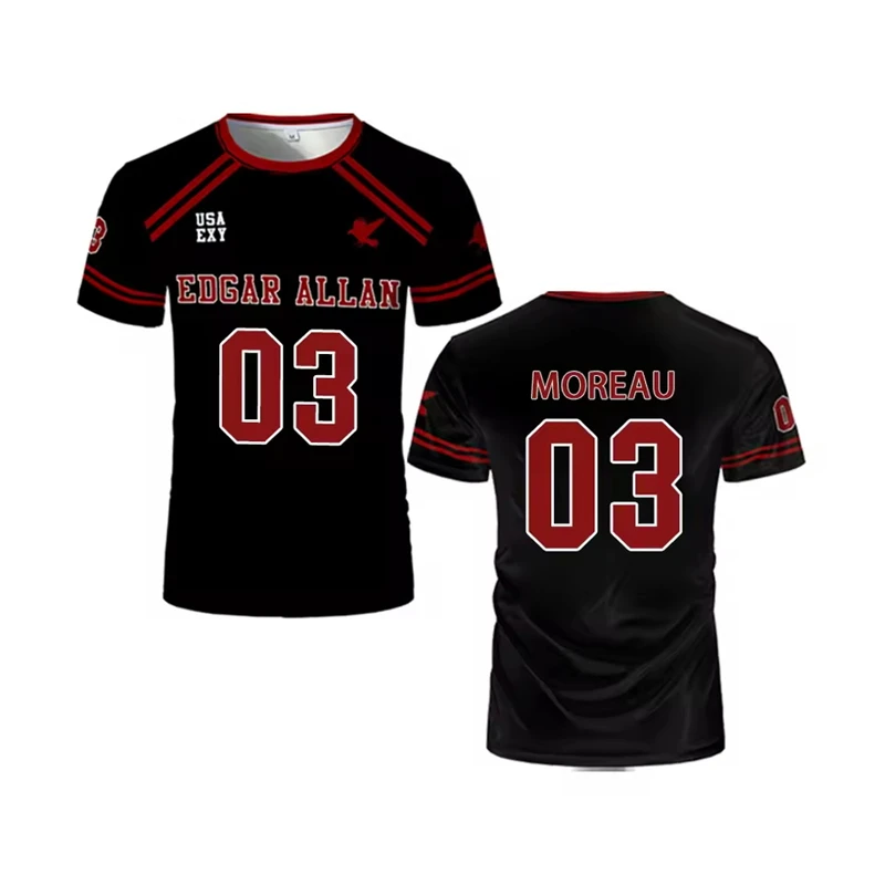 2025 New The Foxhole Court Edgar Allan Ravens Funny Jersey Cosplay Riko Moriyama Anime Cartoon Tshirt Short Sleeve Kids Tops Tee