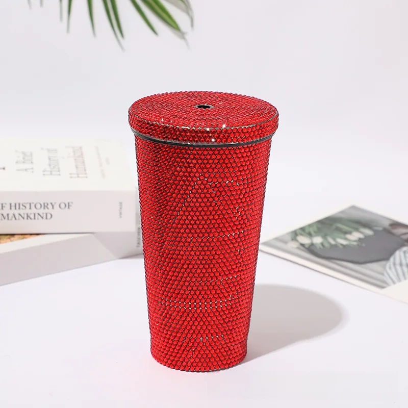 Diamond-encrusted thermos cup double-layer stainless steel suction pipe Cup stick drill rhinestone coffee cup gift Cup diamond-e