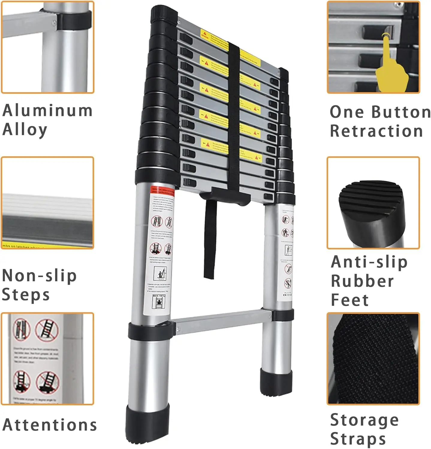 Telescoping Extension Ladder 14.5 FT, Folding Telescopic Aluminum Ladders, Lightweight Collapsible Ladder Step for RV Roof