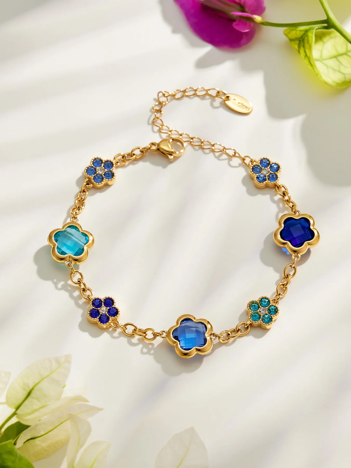 Funkelndes Facettiertes Glasstein-Armband Blumen-Armbänder Edelstahl-Kettenarmband 18k Vergoldete Armbänder für Frauen – Detail 6
