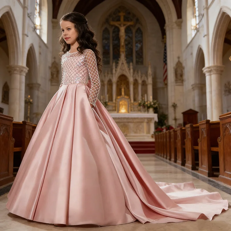 Girl Clothes 2026 Kids Lace Satin Bow Knot Small Train Flower  Wedding  Performance Dress Princess Dress Fashion Style Costume