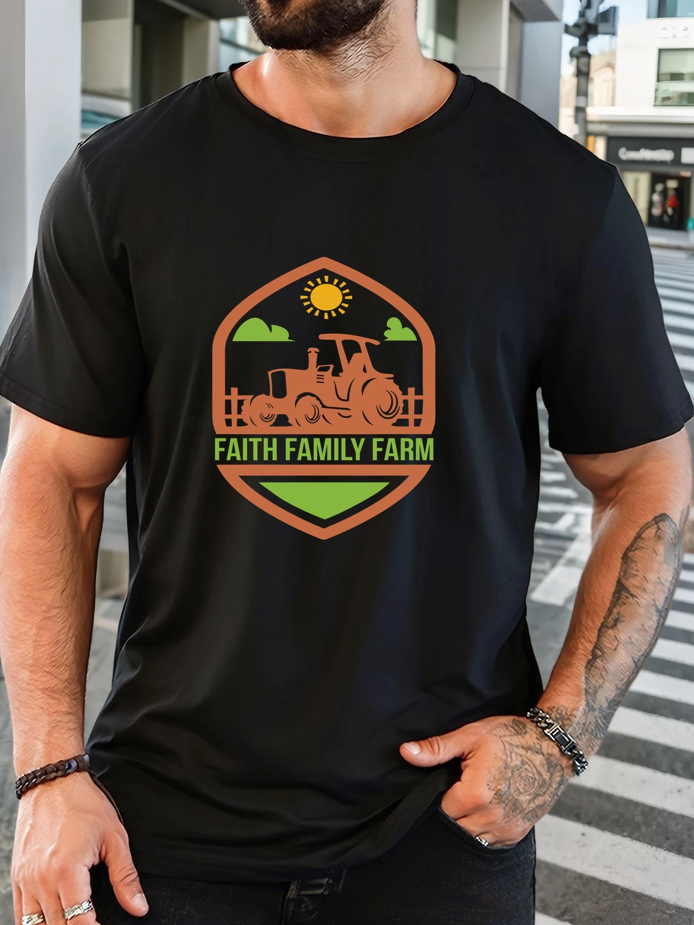 

Men's Cotton Printed T-Shirt FAITH FAMILY FARM Pattern Summer Casual Oversized Round Neck Short Sleeve Comfortable Daily Tee
