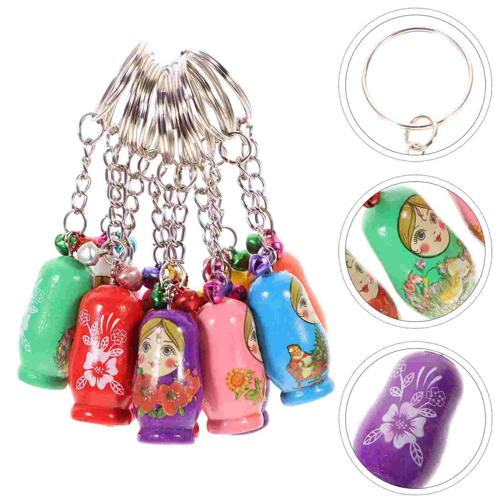 12 PCS Wooden Keychain Russian Dolls Rings Phone Wallet Matryoshka Chains Animal Christmas Ornaments Accessories