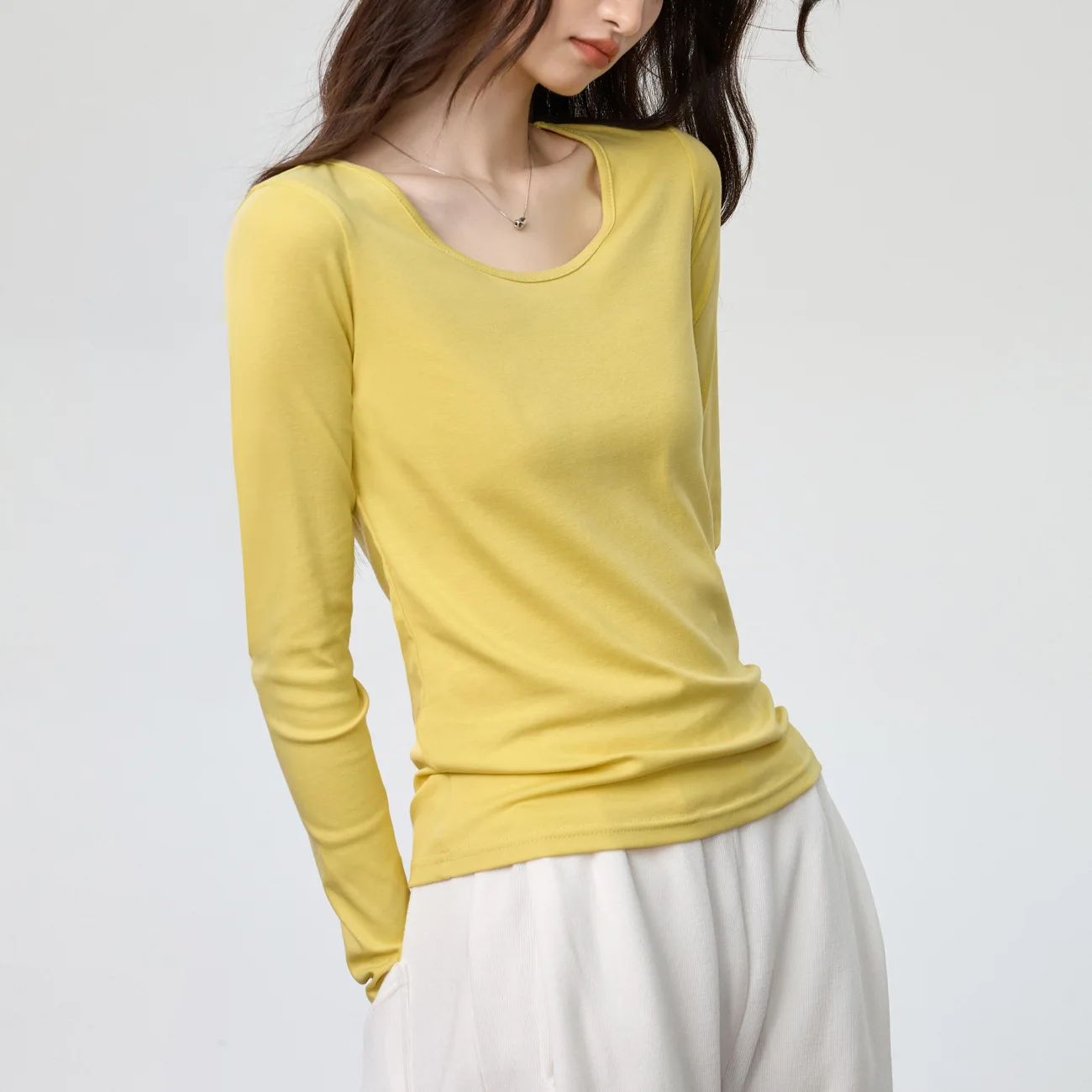 Combed Pure Cotton Soft and Skin Friendly Round Neck Solid Color Simple and Slim Fit Long Sleeved T-shirt Women's Base Shirt Top