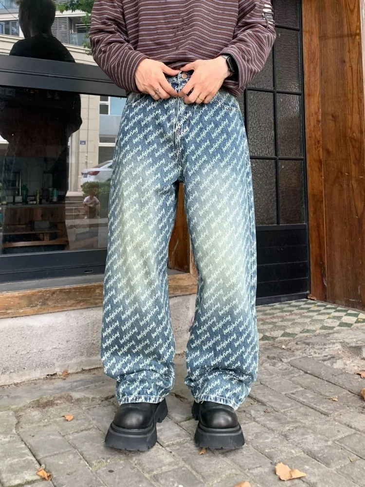 2026 Japanese Y2K Streetwear Full Letter Jacquard Baggy Jeans Pants For Men Clothing Straight Vintage Denim Trousers Moda Hombre