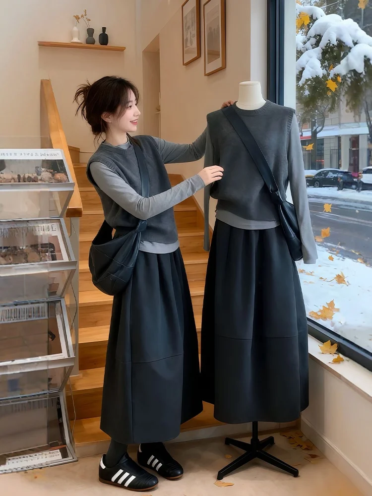 

plus Size Winter Faion Set for Women Knitted Base irt f Skirt Floral Vest Warm Casual Sle Korean Loose Fit Tee Pieces