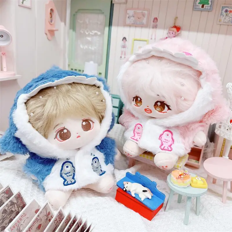 

Cartoon Couple Shark Fluffy Coat Suit 20cm Cute Plush Cotton Doll DIY Clothing Accessories Kawaii Soft Stuffed Doll for Kids Toy