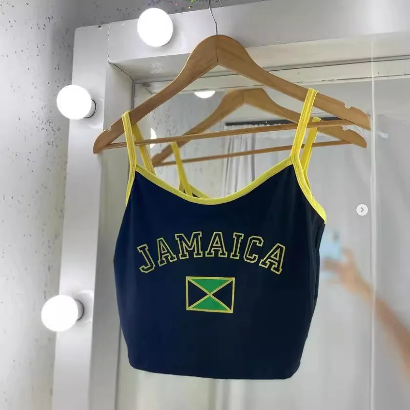 Y2K Women Spaghetti Strap Cropped Cami Vest Square Neck Letter Flag Print Slim Fit Street Style Daily Club Going Out Crop Top