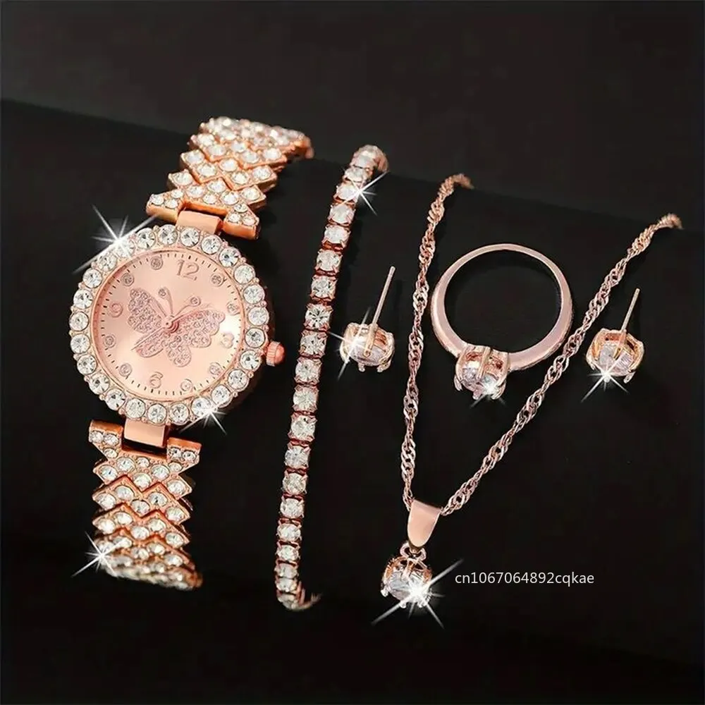 6pcs Jewelry Set Rose Gold Luxury Watch Women Ring Necklace Earring Rhinestone Fashion Wristwatch Casual Ladies Watches Reloj