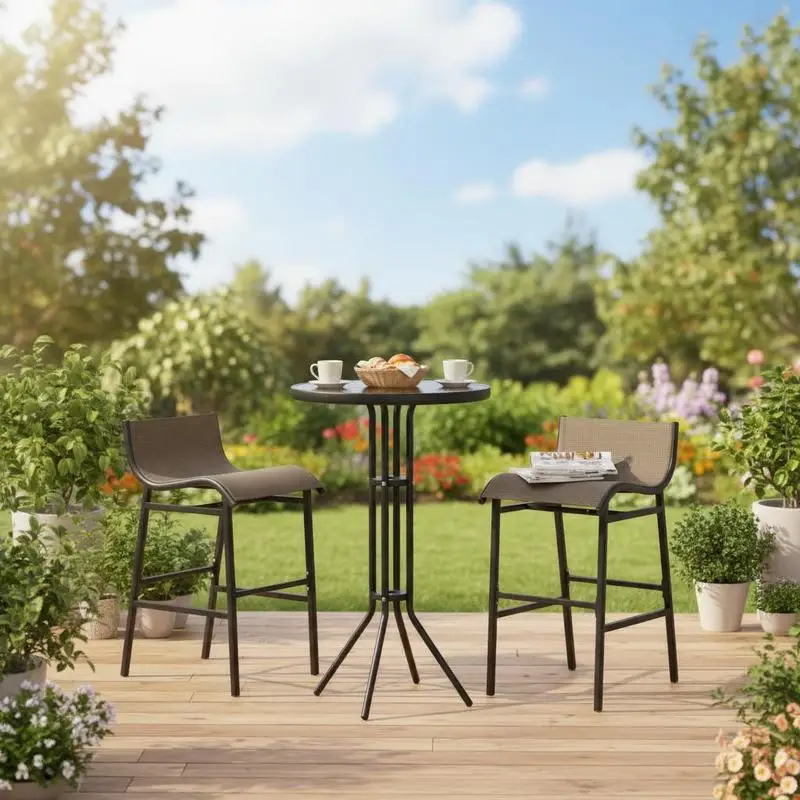 3 Piece Bar Height Outdoor Bistro Set for 2, Round Patio Pub Table 2 Bar Chairs with Comfortable Design & Strong Build, Tan