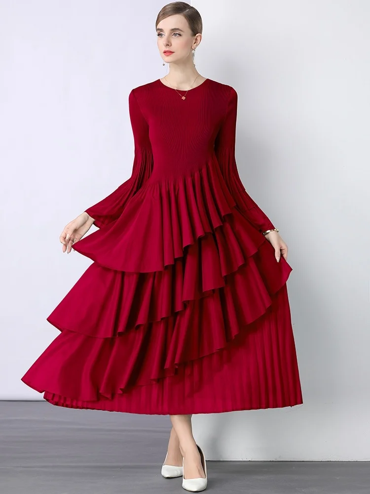 New Spring Autumn Pleated Women Dress Women Full Flare Sleeve Spliced Ruffles O-Neck Evening Party Dresses Elegant Lady Clothing
