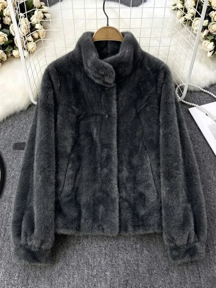 AACHOAE Women Faux Fur Jacket Winter Coat Stand Collar Long Sleeve Snap Button Warm Loose Casual Elegant Outerwear