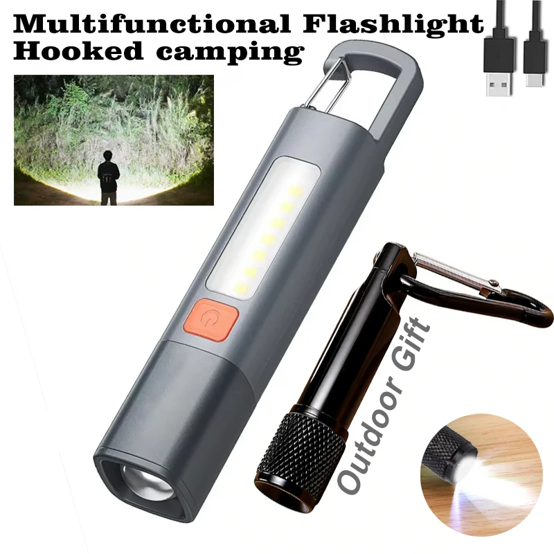 Strong Lighting ABS Flashlamp USB Charging Portable Outdoor Small Flashlight Camping Hanging Lamp Telescopic Focus COB Side Lamp