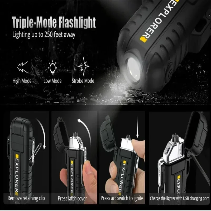 New Waterproof Plasma Lighter with Flashlight Custom Windproof Arc Lighter Outdoor Usb Lighter Survival Whistle and Lanyard