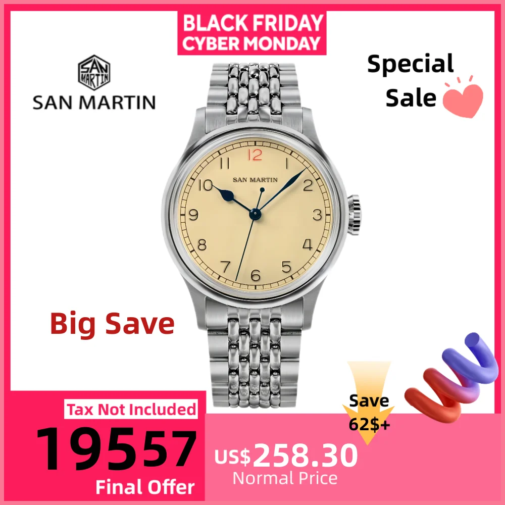 

San Martin 38.5mm NH35 Mechanical Watch Niche Pilot Automatic Wristwatch Simple Vintage Sapphire Lume C3 10Bar Relojes SN0105NB
