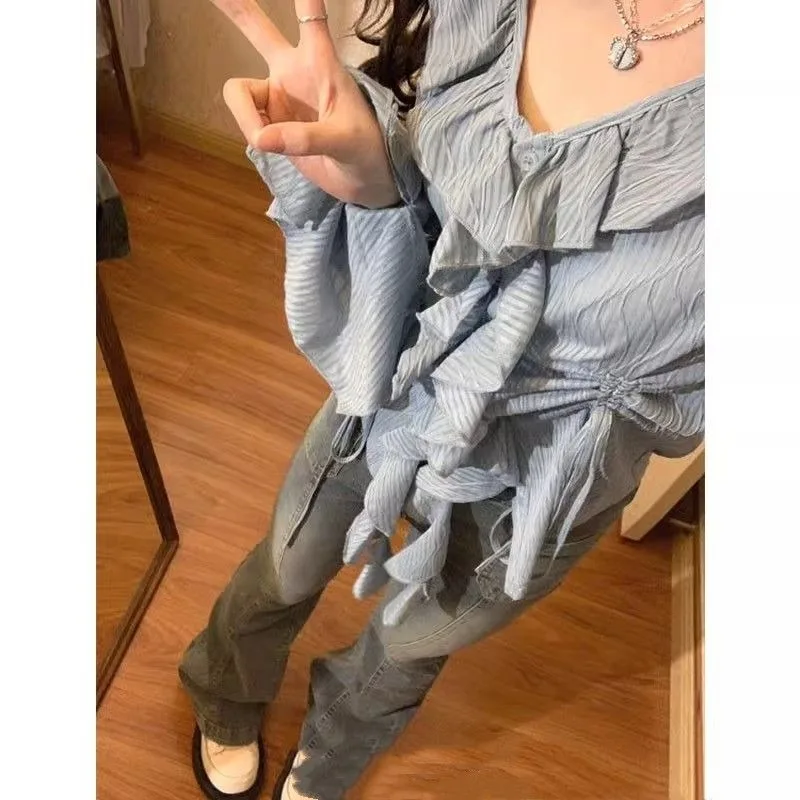 Sunscreen Shirt Spring Summer Design Sense Vneck Ruffled Edge Self Cultivation Long Sleeved Tops Female Lovely Lotus Leaf Sleeve