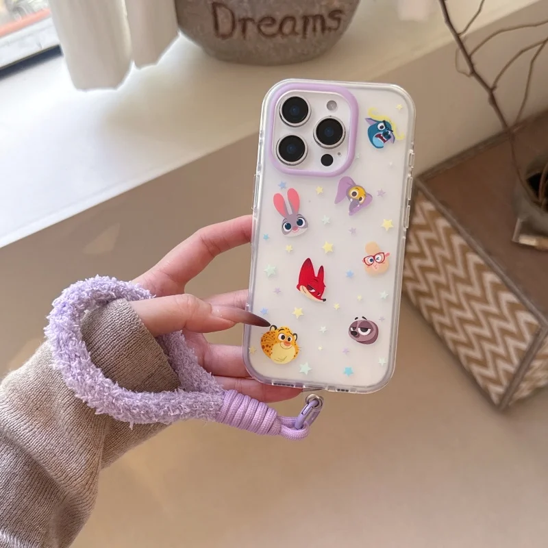 

Luxury Clear Matte Cute Zootopia Funny Judy Nick Phone Case For iPhone 13 14 15 17 16 Pro Max 3D cartoon furry Wrist Strap ﻿