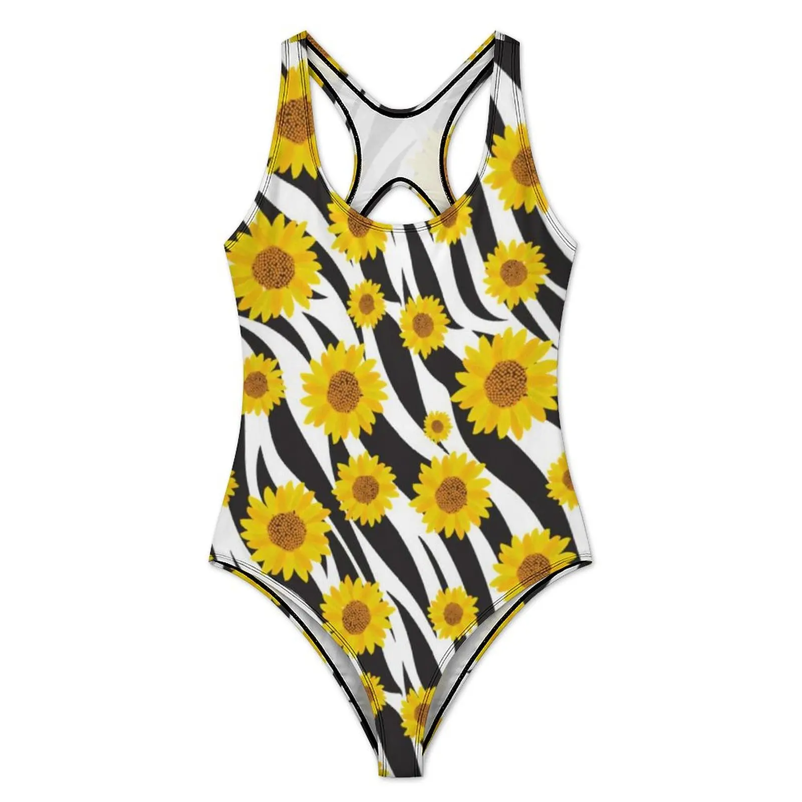 Sunflower on Zebra Swimsuit Floral Animal Print One Piece Swimwear Push Up Stylish Bathing Suit Sexy Holiday Rave Beach Outfits