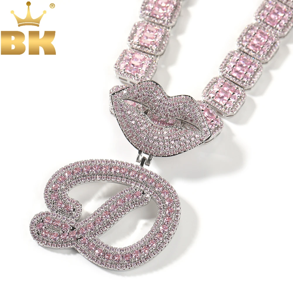 

THE BLING KING Lip Bail Script Cursive Initial Letter Two Tone Pendant Micro Paved CZ Personalized Necklace Hiphop Jewelry