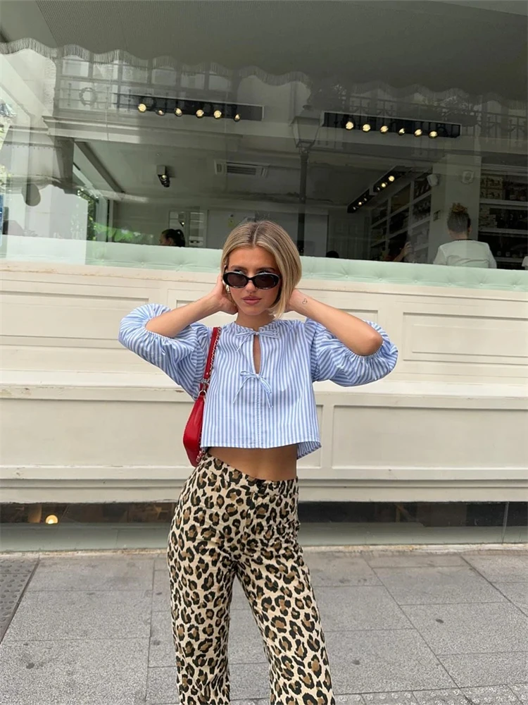 PB&ZA women's clothing 2024 summer new French temperament loose round neck long sleeve striped short shirt 7995/313