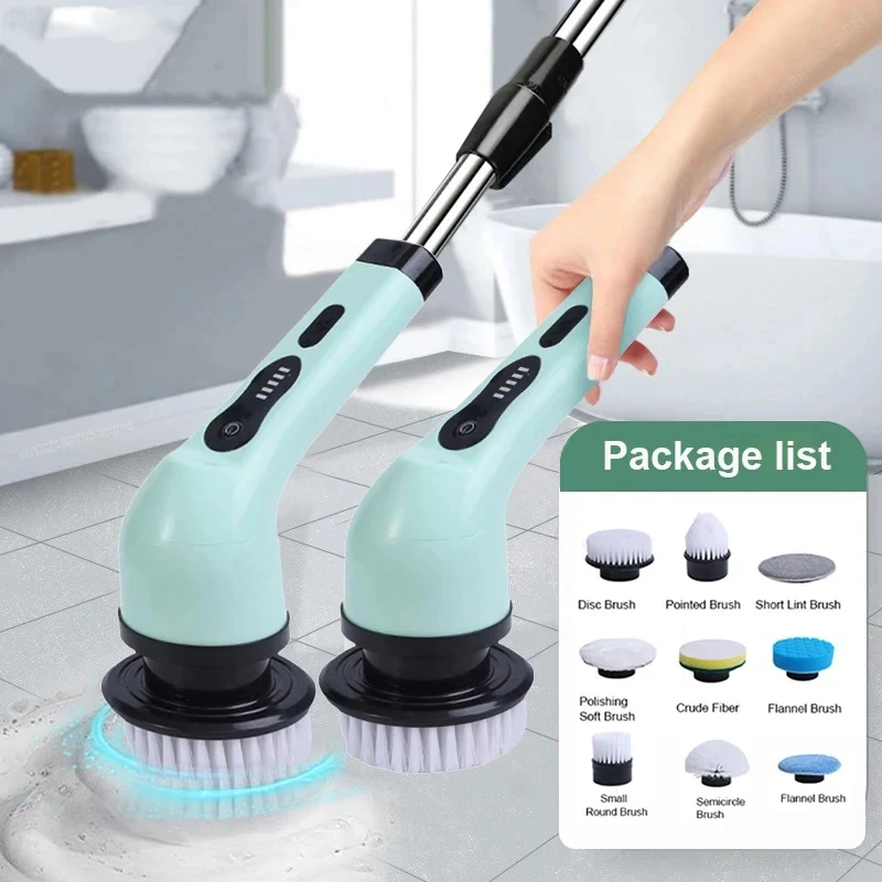 Electric Spin Cleaner With 9 Replaceable Brush Heads Adjustable Detachable Long Handle Cordless Cleaning Brush Bathroom Kitchen