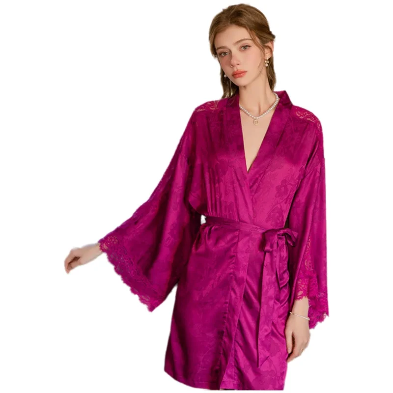 

Elegant Silky Satin Jacquard Lace Spliced Open-front Tie Robe Home Wear Set Casual Pure Desire Style V Neck Dress Beautiful 5MRV