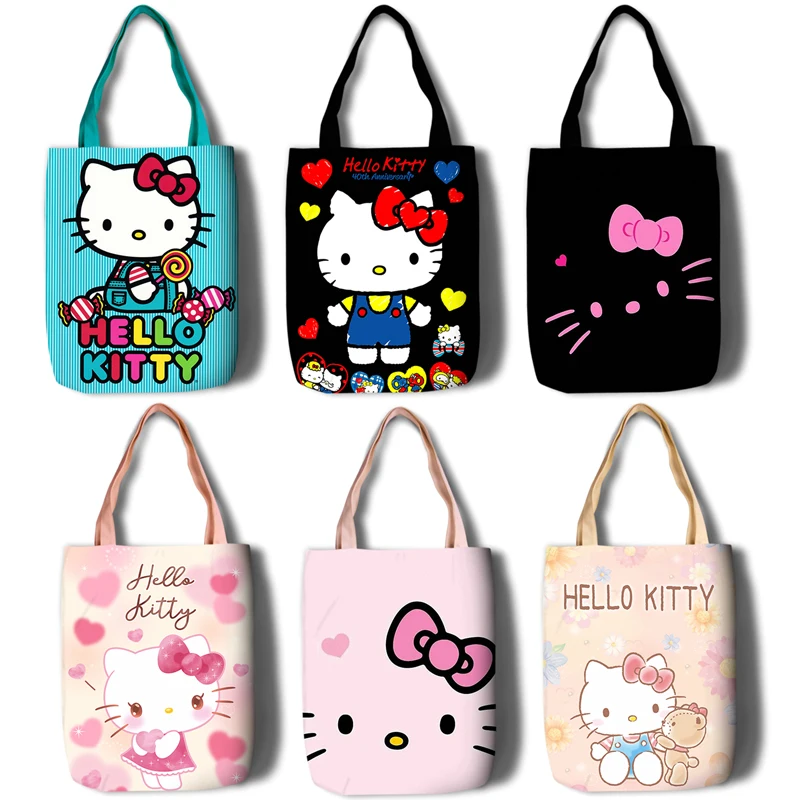 

Kawaii Sanrio Hello Kitty Cartoon Canvas Shoulder Bag Cute Anime Tote Portable School Student Gift for Girls