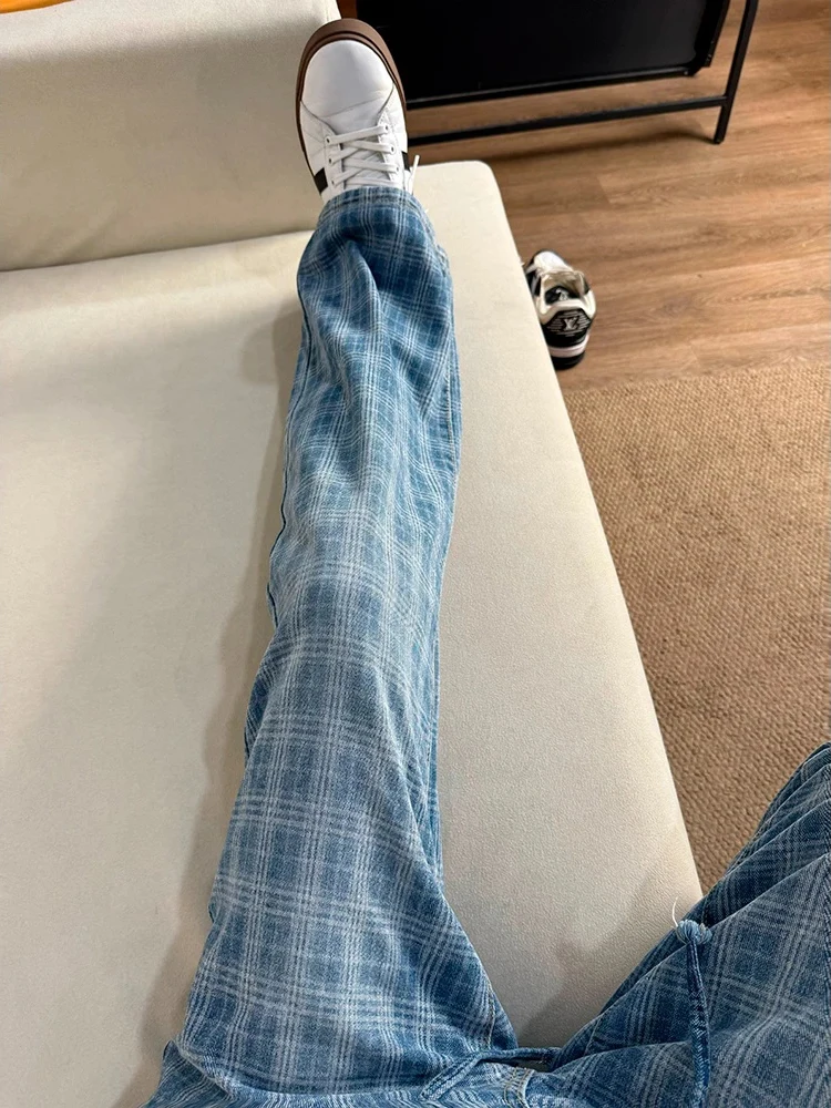 

Мужские летние джинсы Haome в американском ретро-стиле, синие в клетку, модные, высококачественные, свободного кроя, прямые, износостойкие, для молодежи