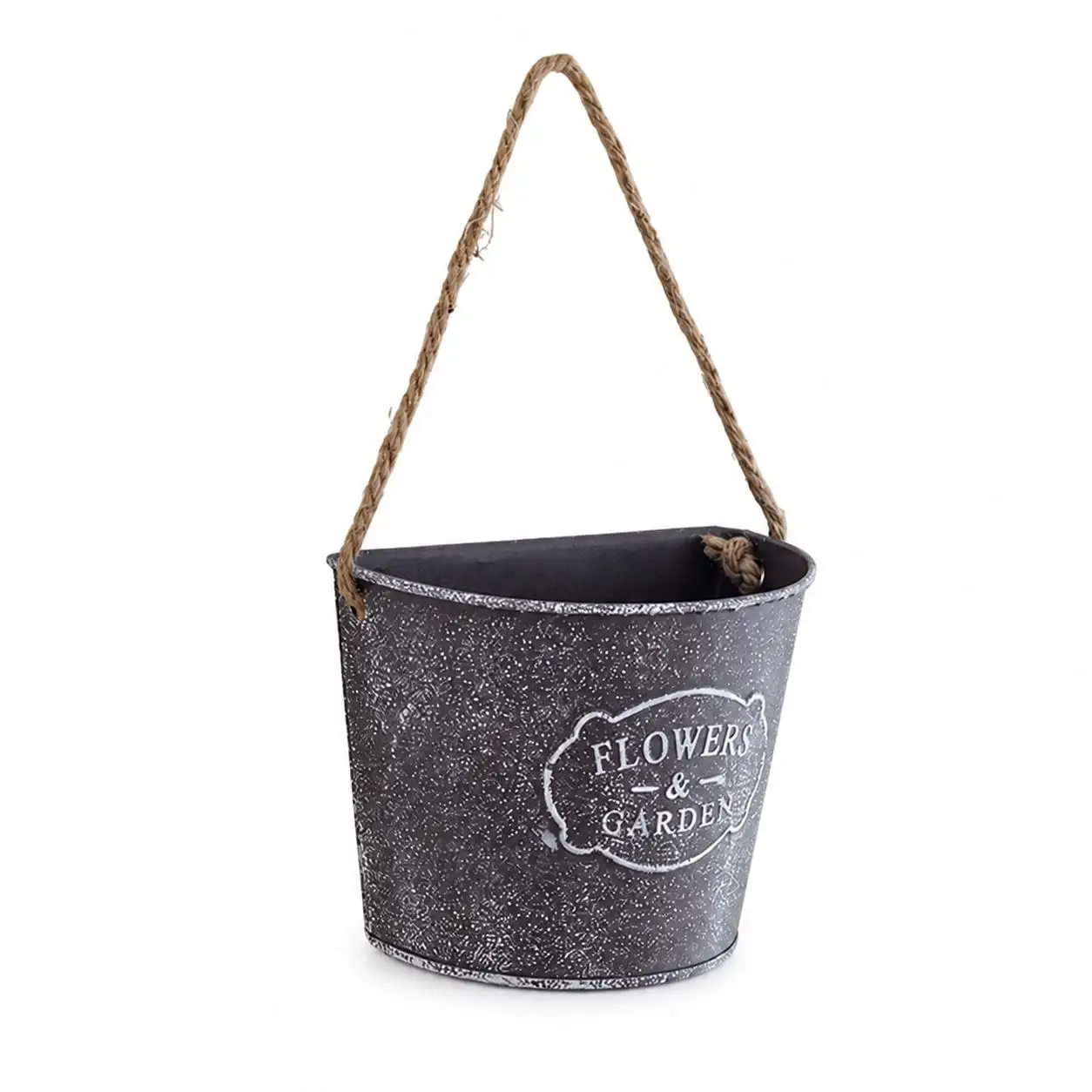 Retro Tinplate Hanging Planter Semi Circle Shape with Hemp Rope for Outdoor Wall Decor Balcony Railing Plant Holder
