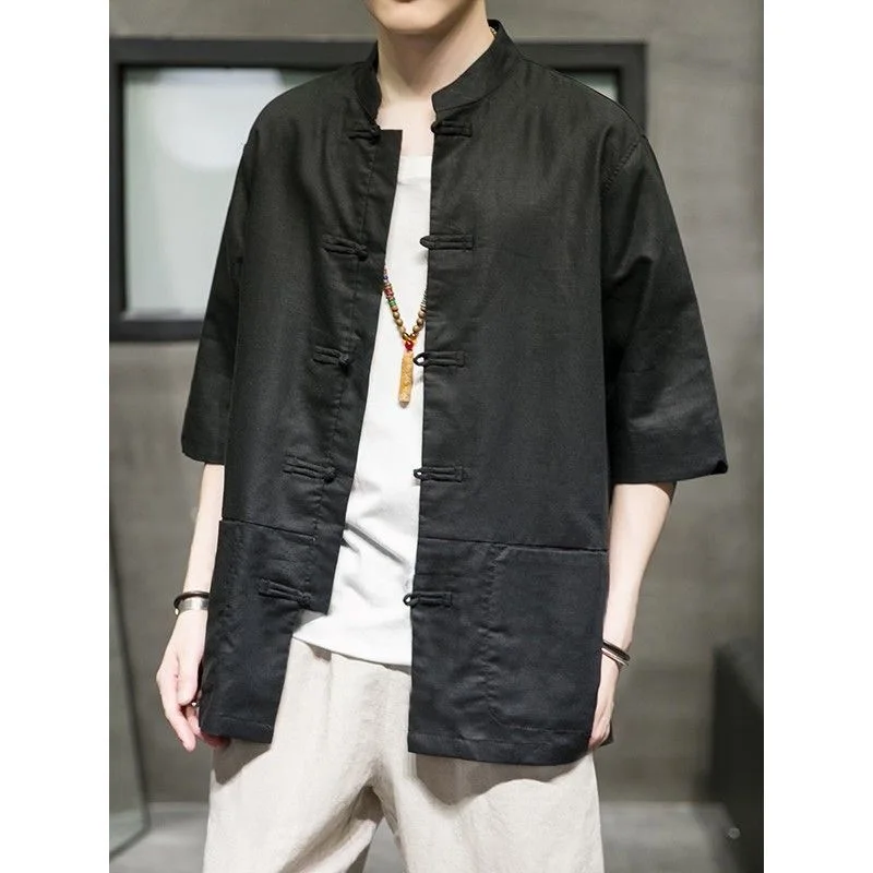 

Chinese Sle Cotton Linen Men's irt Summer Breathable ort Sve Zen Sle Large Size Tang Costume Coat Loose Fit Youth
