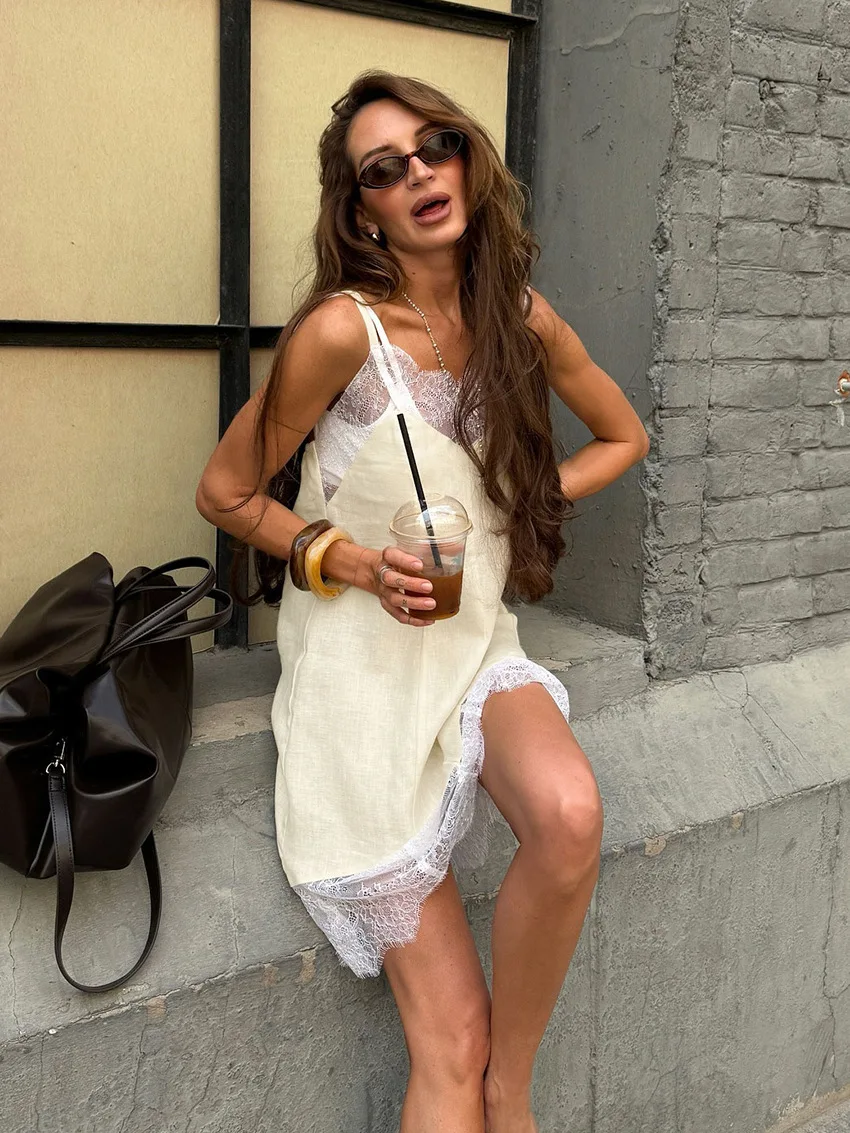 

LIinar 2026 New Summer Casual Lace Patchwork Camisole Skirt Cotton Loose Light Yellow Sleeveless Dress