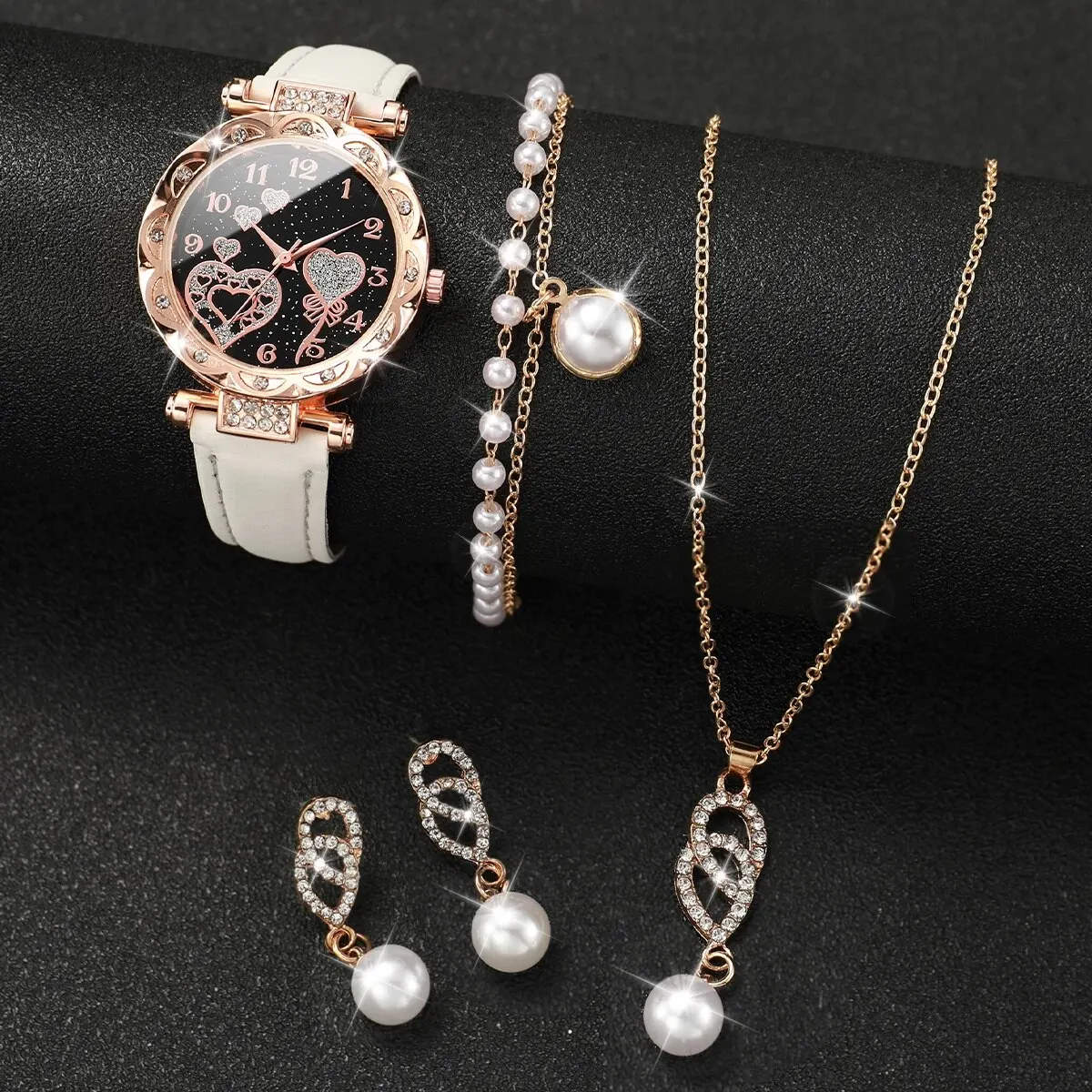 4 stks/set dames glanzende strass quartz horloge analoog PU lederen polshorloge faux parel sieraden set meisjes cadeau (zonder doos)