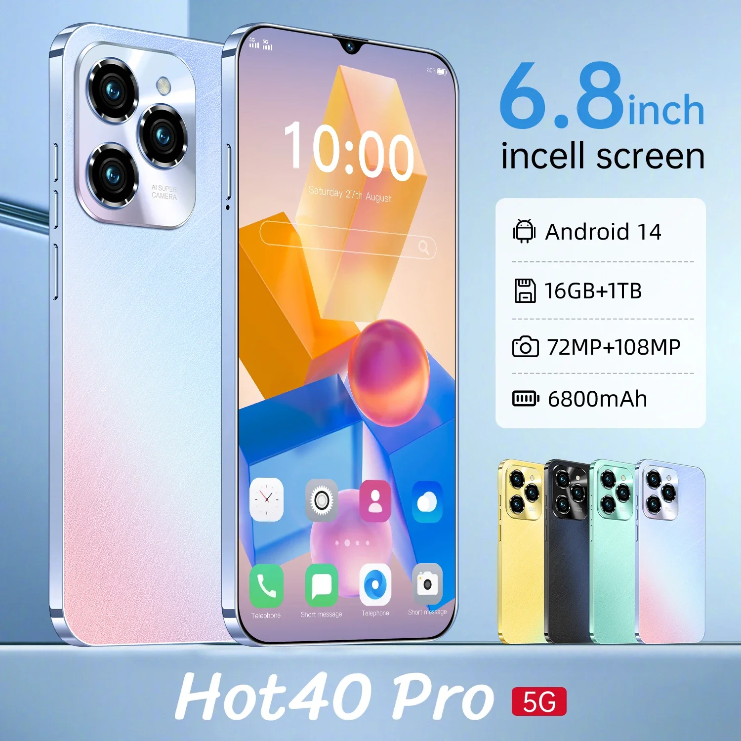 

2025 Cellphones Hot40 Pro 6.8 Inch 5G Dual SIM Smartphone 108MP Smart Mobile Phones 8000mAh Cell Phone Android 13 Global Version