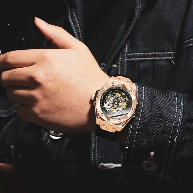 Fashion Men\'s Automatic Mechanical Watch Silicone Strap Waterproof Sports Watch for Men Stylish No Pointer Creative Gift Watches