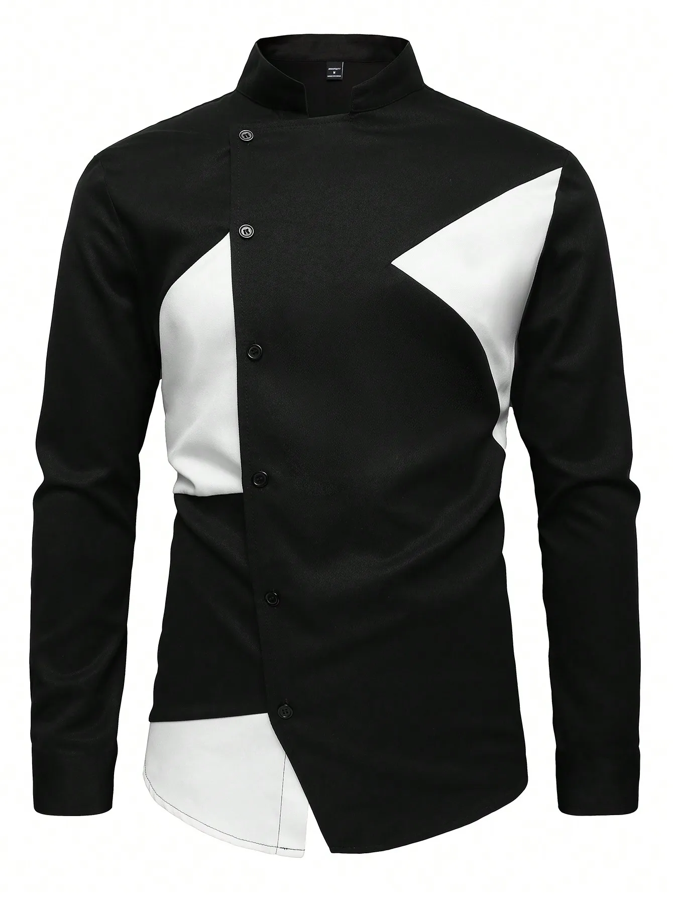 

Men's Asymmetrical Black White Contrast Long Sleeve Casual Shirt, Autumn