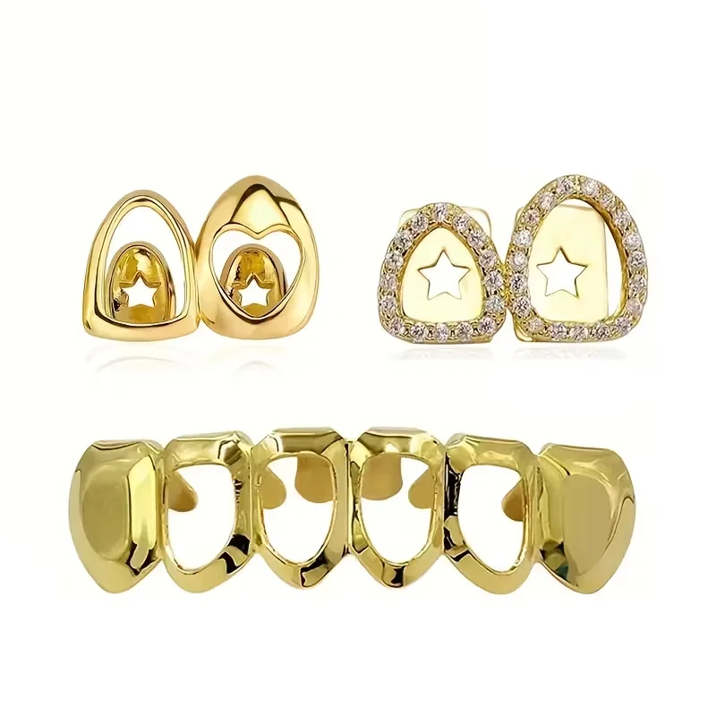 3Pcs Hip Hop Fashion Hollow-Out Shiny Teeth Accessory , Halloween Performance Props - Unisex Holiday Party Gift