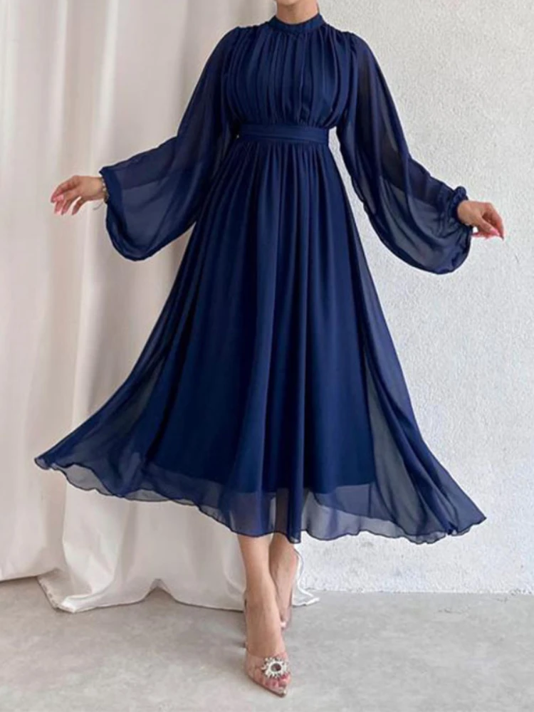 Eid Pleated Dress for Women Chiffion Muslim Party Ramadan Abaya Long Dress Belt Kaftan Vestidos Largos Dubai Robe Jalabiya 2024