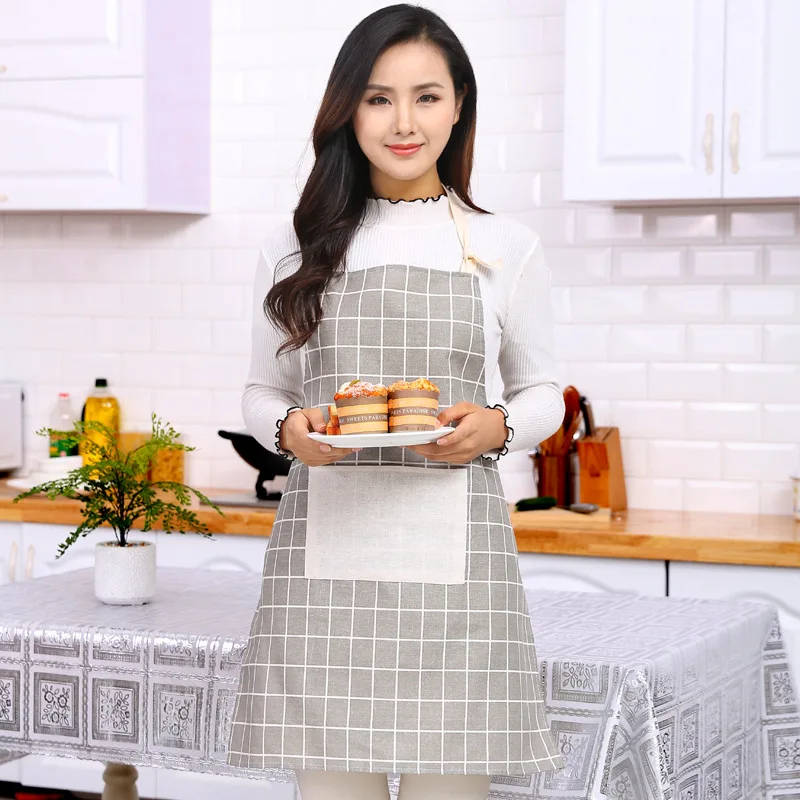 Japanese Kitchen Plaid Cotton Linen Women\'S Apron Thickened Apron Advertising Apron Kitchen Waterproof Oil-Proof Household Tool