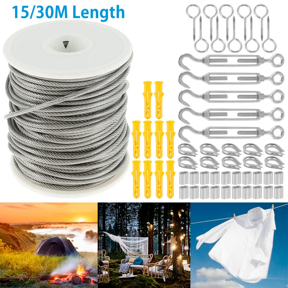 15/30m Cable Guardrail Ropes Awning Install Attachment Set Flexible Wire Soft Stainless Steel Hardware Universal Hoisting Rope