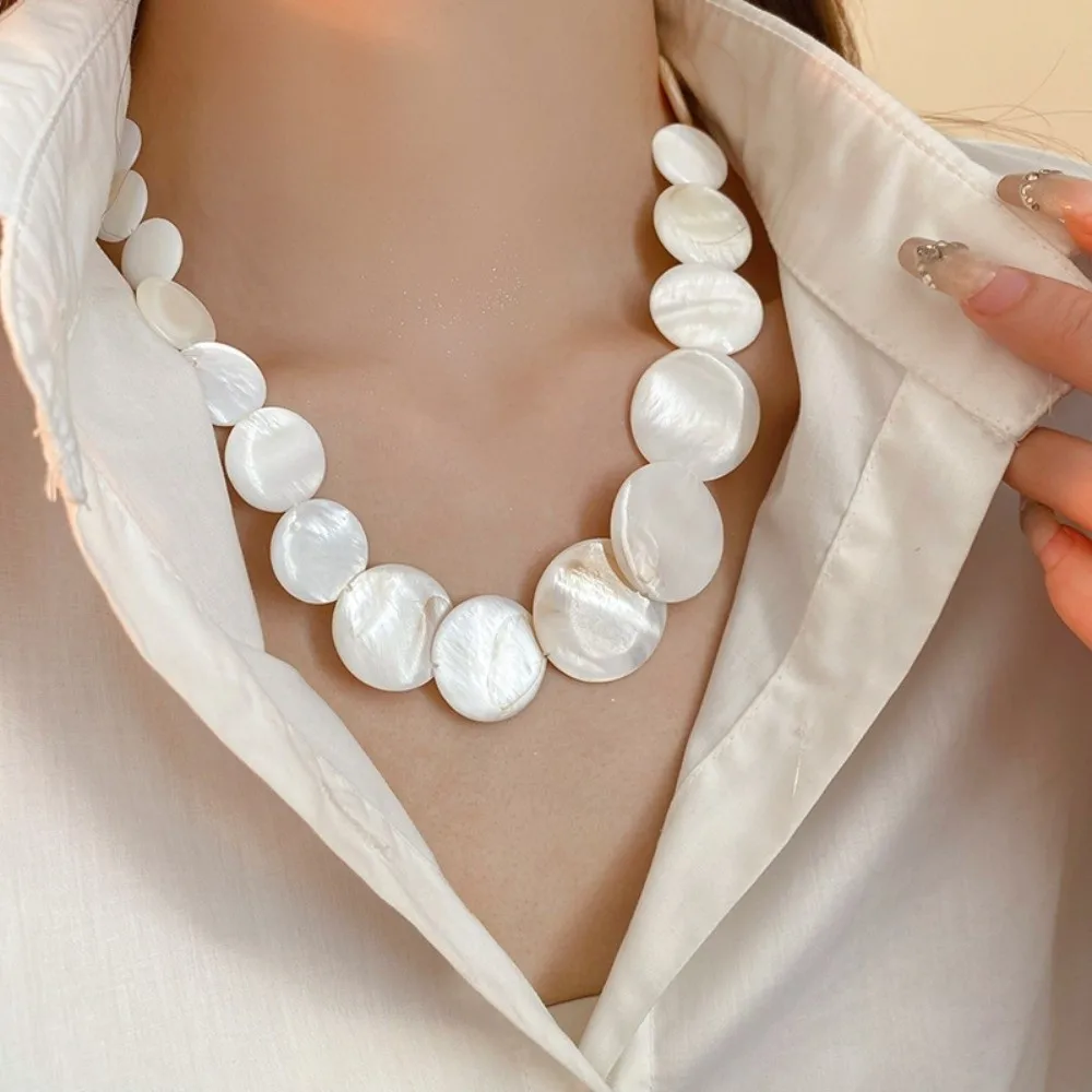 Elegant Bohemian Shell Round White Beaded Choker Adjustable Geometric Sweater Chains Jewelry
