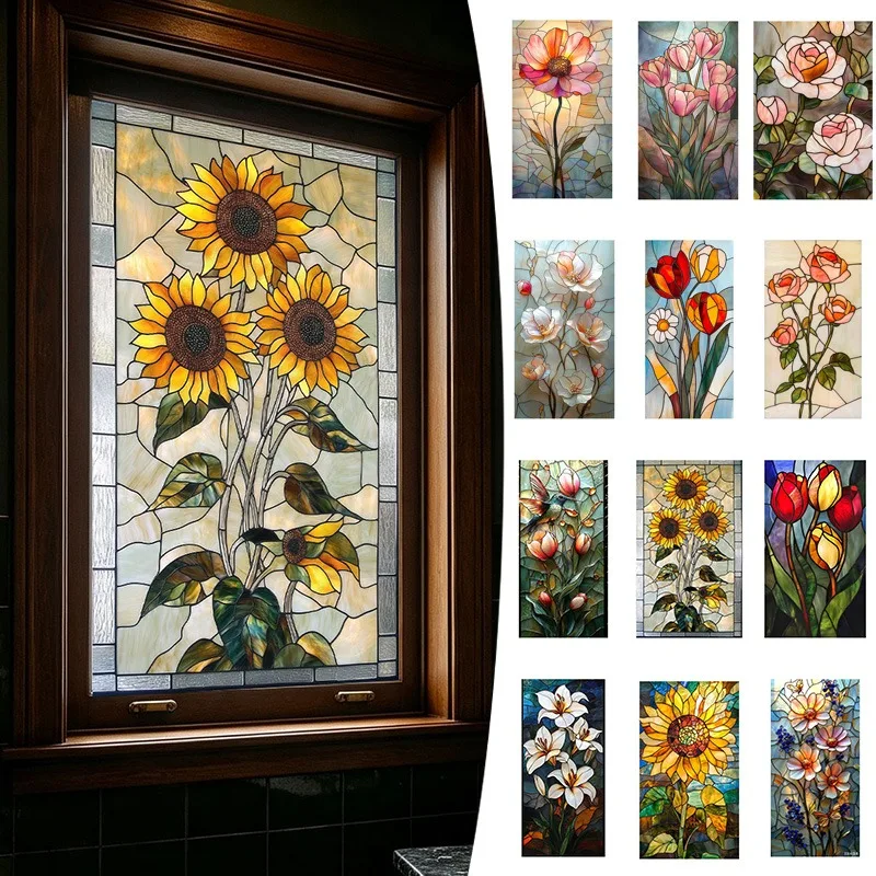 50x100cm Stained Glass Window Film Anti Collision Bird Friendly Floral Privacy Static Cling PVC - Bathroom Glass Door