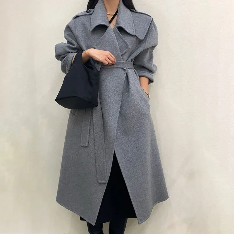 Winter Women Coat Cashmere Knitted Icon Autumn Warm Wool Classic Ladies Casual Outerwear Female Ddouble-facedersized Long Belted