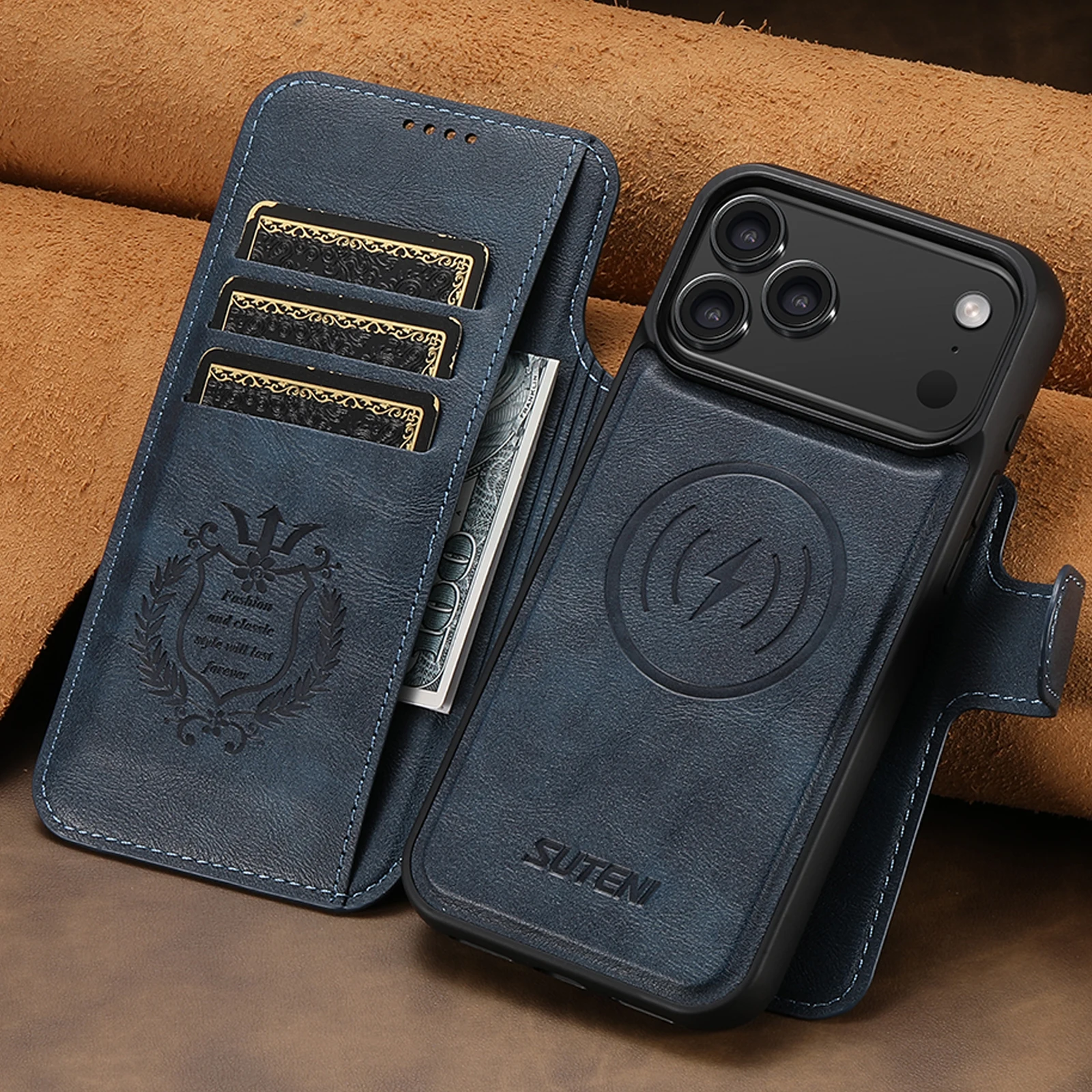 SUTENI Kunstleder Kabelloses Ladegerät Kartenhalter Ständer Brieftasche Magnetische Klapphülle Handyhülle für iPhone 18 Pro Max 17 16 15 14 – Detail 4
