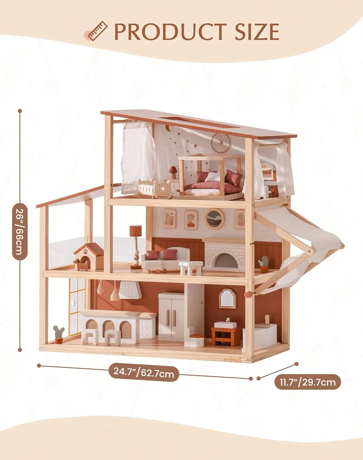 Robotime Robud Doll House Maison de poupée bohème en bois avec un design réaliste comprend 37 pièces de meubles et d'accessoires pour enfants